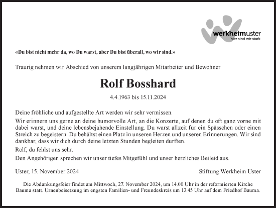 Traueranzeige von Rolf Bosshard von AvU