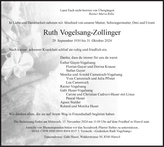 Traueranzeige von Ruth Vogelsang-Zollinger von AvU