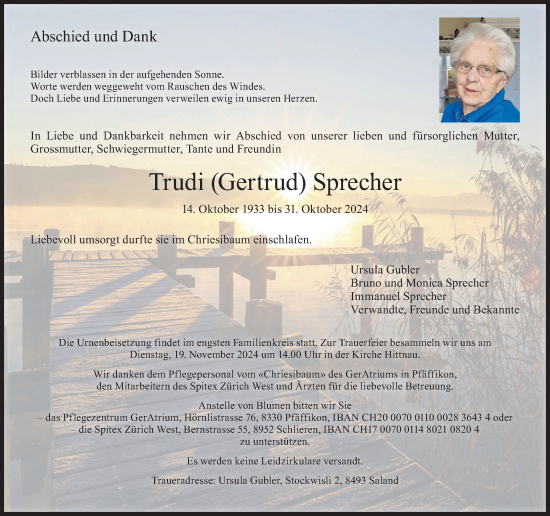 Traueranzeige von Trudi Sprecher von AvU