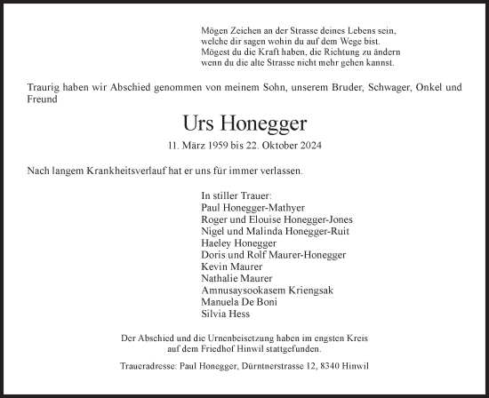 Traueranzeige von Urs Honegger von AvU