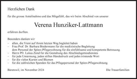 Traueranzeige von Verena Hunziker-Lattmann von AvU