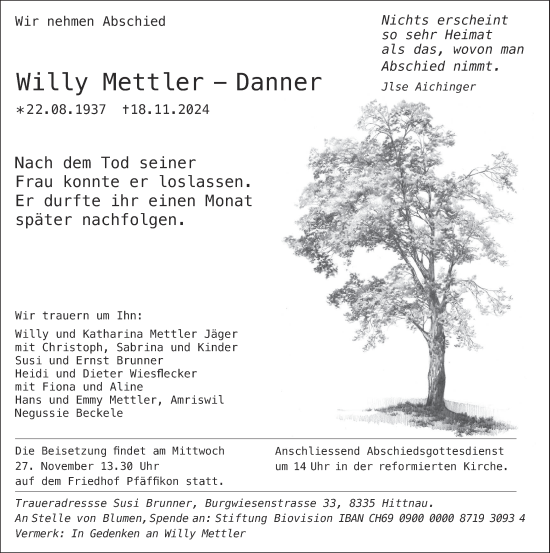 Traueranzeige von Willy Mettler-Danner von AvU