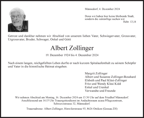 Traueranzeige von Albert Zollinger von AvU