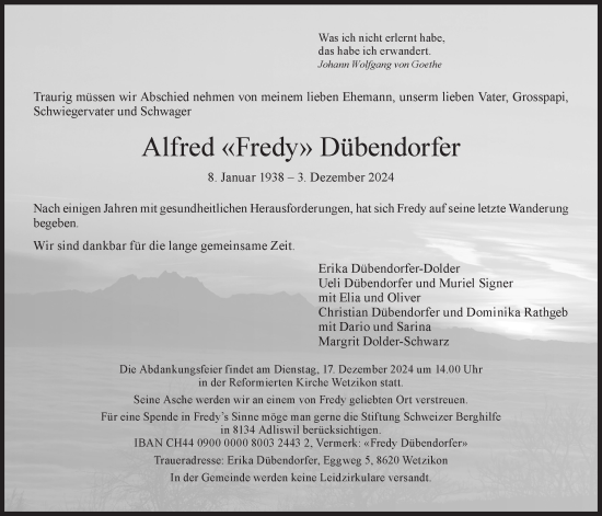 Traueranzeige von Alfred Dübendorfer von AvU