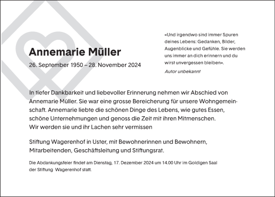 Traueranzeige von Annemarie Müller von AvU