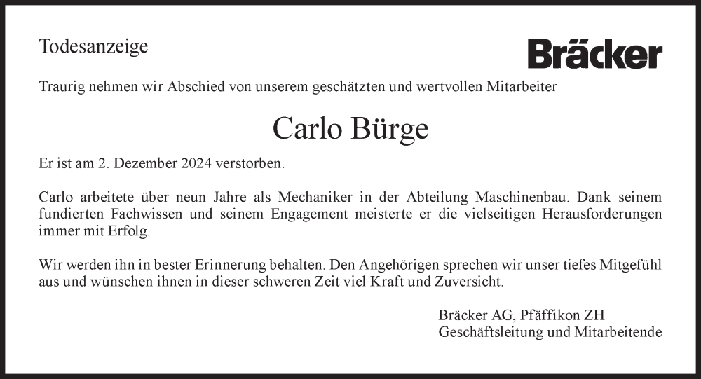  Traueranzeige für Carlo Bürge vom 04.12.2024 aus AvU