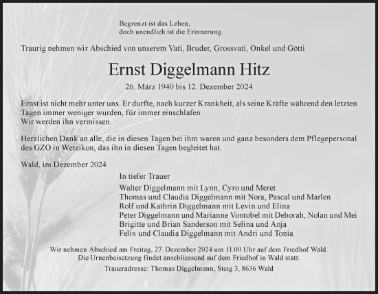 Traueranzeige von Ernst Diggelmann Hitz von AvU