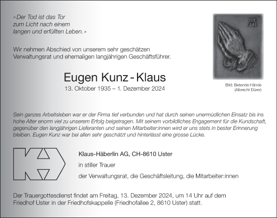 Traueranzeige von Eugen  Kunz-Klaus von AvU