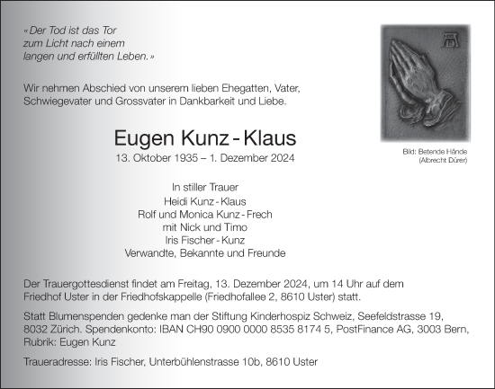 Traueranzeige von Eugen  Kunz-Klaus von AvU