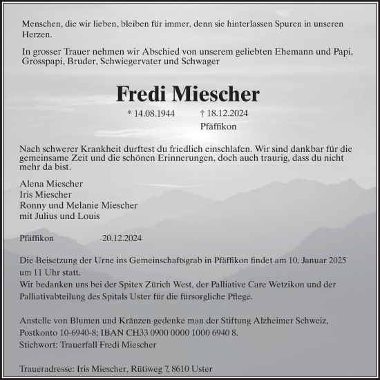 Traueranzeige von Fredi Miescher von AvU