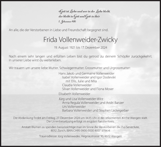 Traueranzeige von Frida Vollenweider-Zwicky von AvU