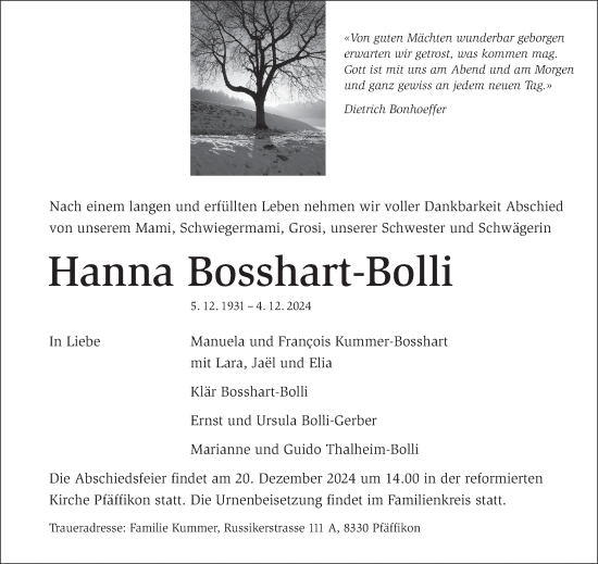 Traueranzeige von Hanna Bosshart-Bolli von AvU