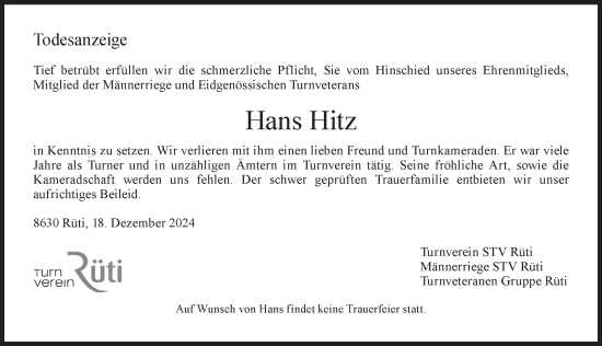 Traueranzeige von Hans Hitz von AvU