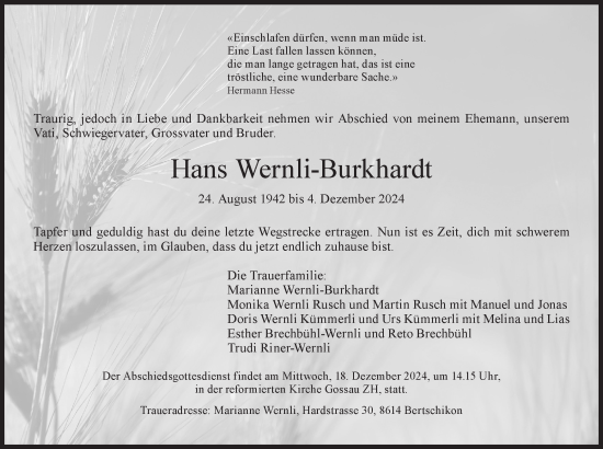 Traueranzeige von Hans Wernli-Burkhardt von AvU