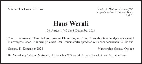 Traueranzeige von Hans Wernli von AvU