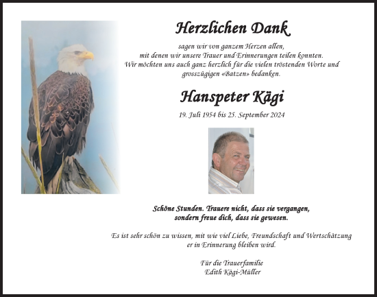 Traueranzeige von Hanspeter Kägi von AvU