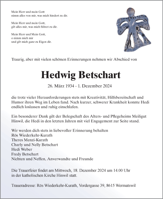 Traueranzeige von Hedwig Betschart von AvU