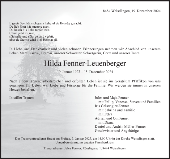 Traueranzeige von Hilda Fenner-Leuenberger von AvU