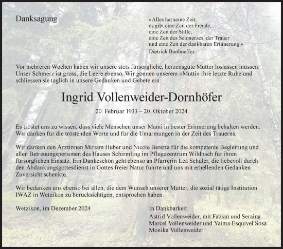 Traueranzeige von Ingrid Vollenweider-Dornhöfer von AvU