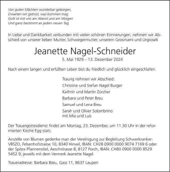 Traueranzeige von Jeanette Nagel-Schneider von AvU