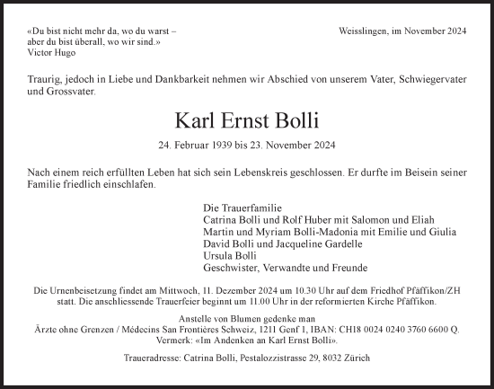 Traueranzeige von Karl Ernst Bolli von AvU