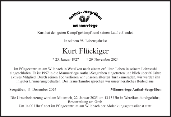 Traueranzeige von Kurt Flückiger von AvU