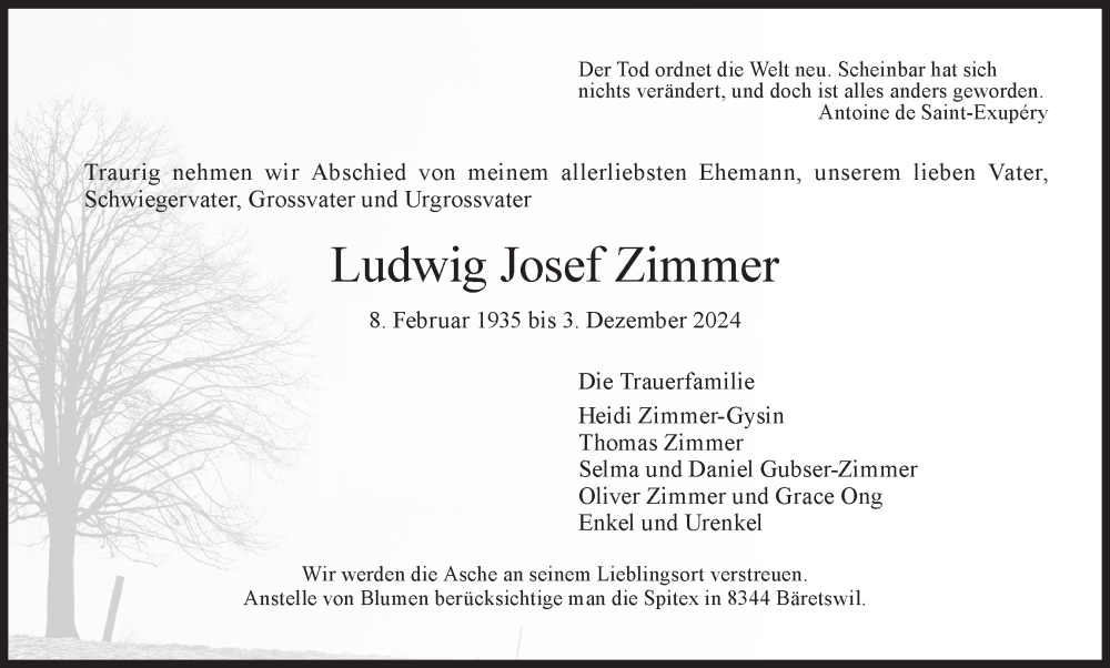  Traueranzeige für Ludwig Josef Zimmer vom 07.12.2024 aus AvU