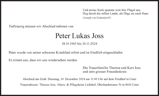 Traueranzeige von Peter Lukas Joss von AvU