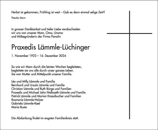 Traueranzeige von Praxedis Lämmle-Lüchinger von AvU