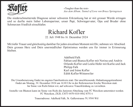 Traueranzeige von Richard Kofler von AvU