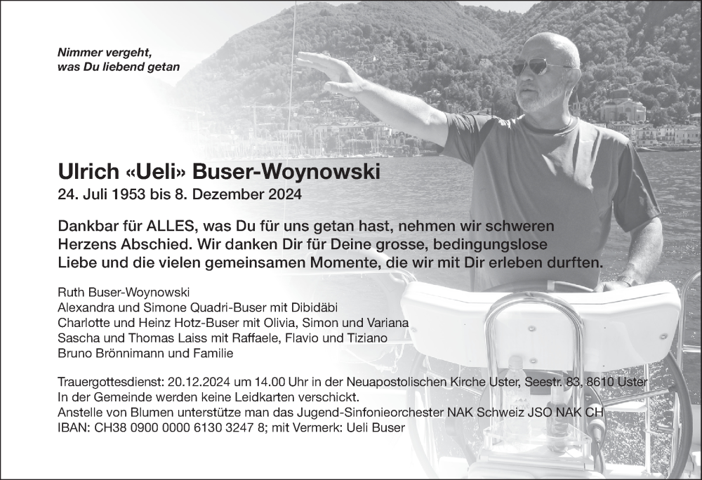  Traueranzeige für Ulrich Buser-Woynowski vom 11.12.2024 aus AvU