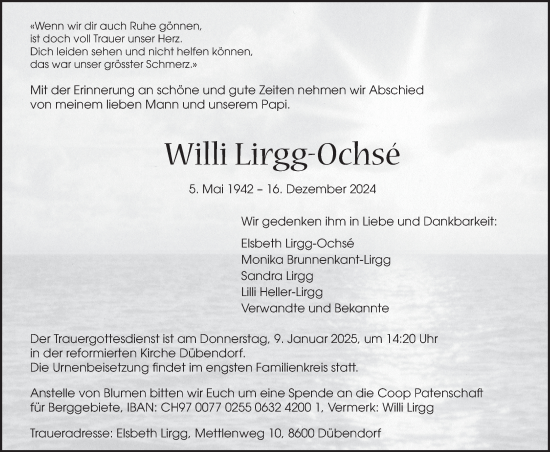 Traueranzeige von Willi Lirgg-Ochse von VO solo