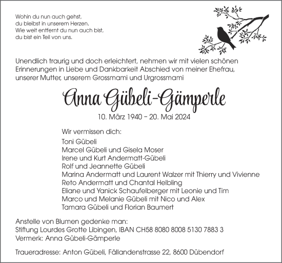 Traueranzeige von Anna Gübeli-Gämperle von VO solo