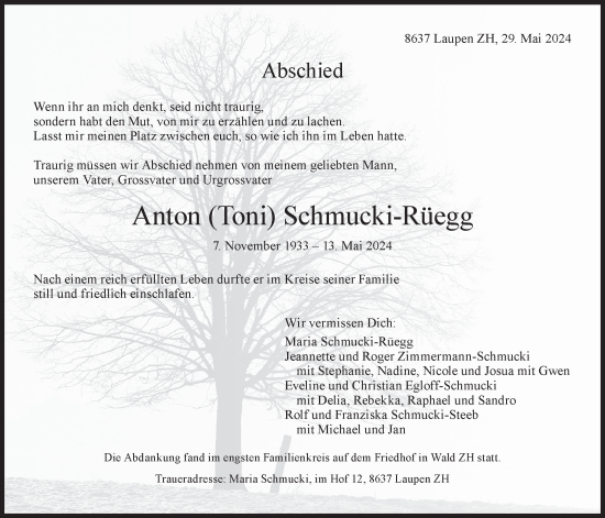 Traueranzeige von Anton  Schmucki-Rüegg von AvU