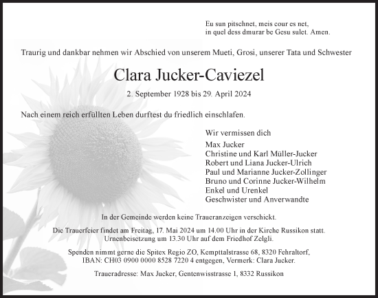 Traueranzeige von Clara Jucker-Caviezel von AvU