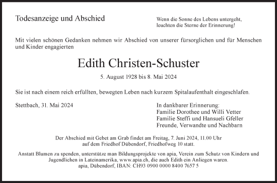 Traueranzeige von Edith Christen-Schuster von VO solo