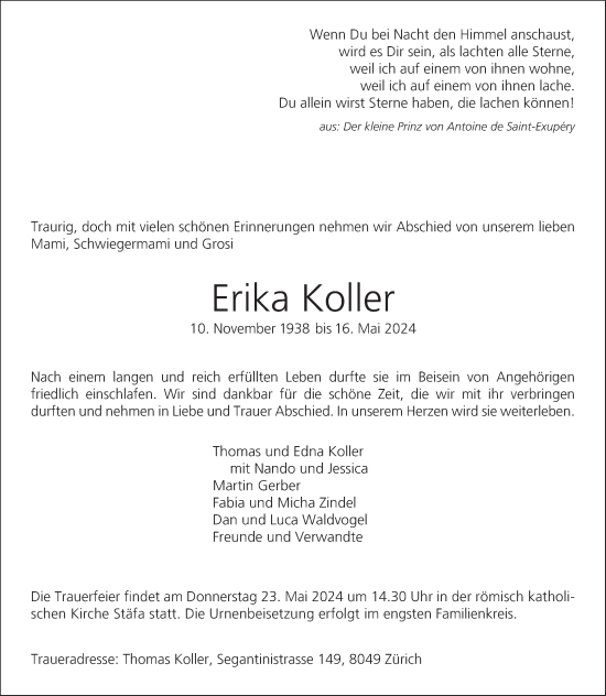 Traueranzeige von Erika Koller von AvU