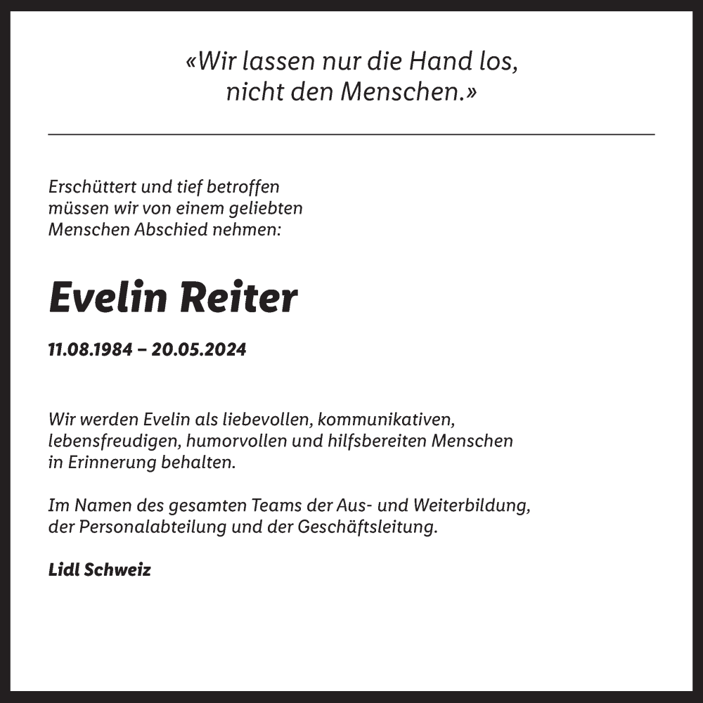  Traueranzeige für Evelin Reiter vom 29.05.2024 aus AvU