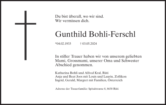 Traueranzeige von Gunthild Bohli-Ferschl von AvU
