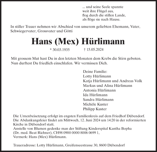 Traueranzeige von Hans Hürlimann von VO solo