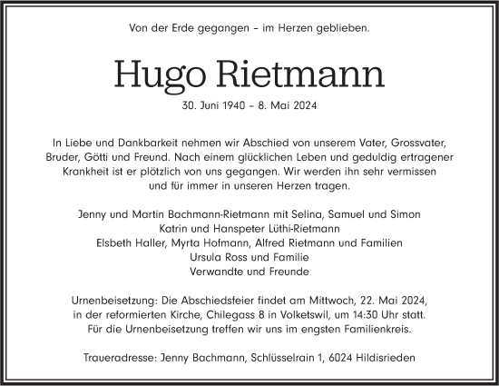 Traueranzeige von Hugo Rietmann von VO solo