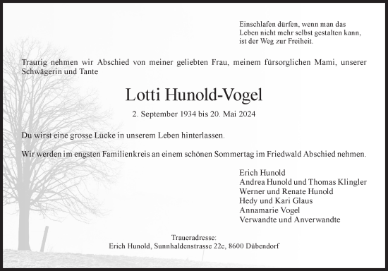 Traueranzeige von Lotti  Hunold-Vogel von VO solo