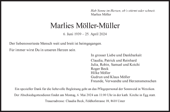 Traueranzeige von Marlies Möller-Müller von AvU