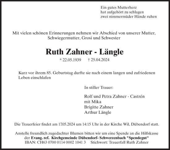 Traueranzeige von Ruth Zahner-Längle von VO solo