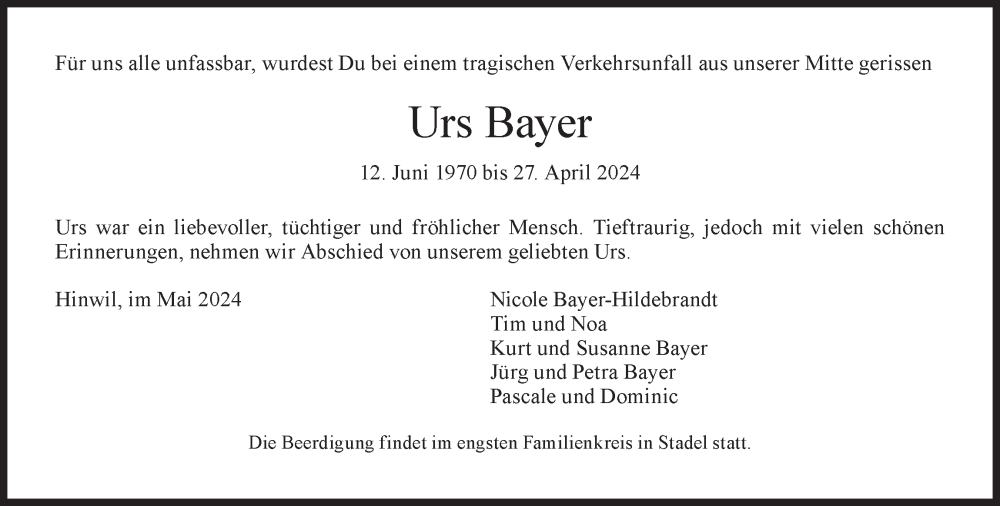  Traueranzeige für Urs Bayer vom 22.05.2024 aus AvU
