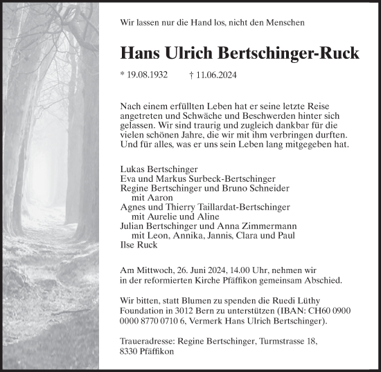 Traueranzeige von Hans Ulrich Bertschinger-Ruck von AvU