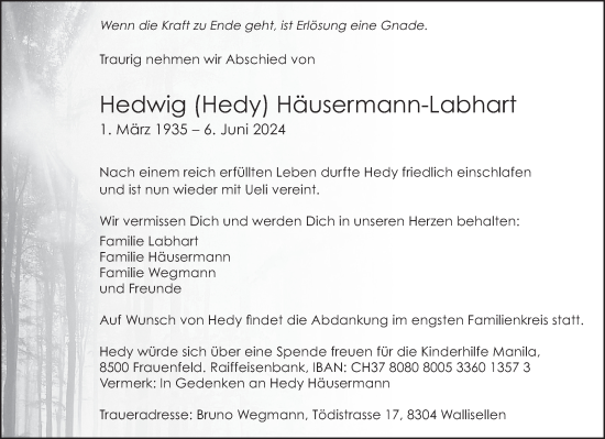 Traueranzeige von Hedwig  Häusermann-Labhart von AvU