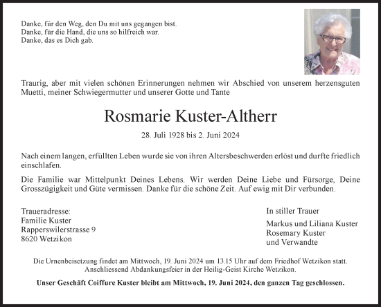 Traueranzeige von Rosmarie Kuster-Altherr von AvU