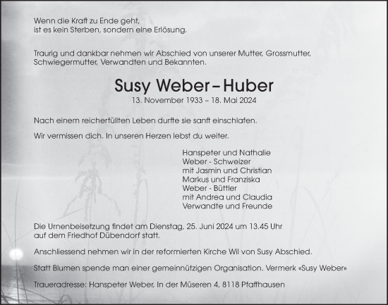 Traueranzeige von Susy Weber-Huber von VO solo