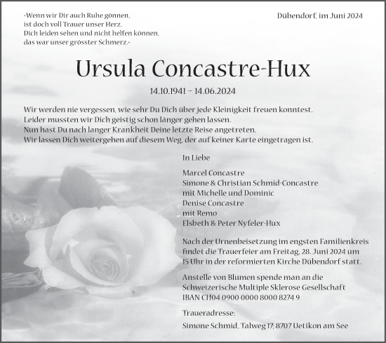 Traueranzeige von Ursula Concastre-Hux von VO solo